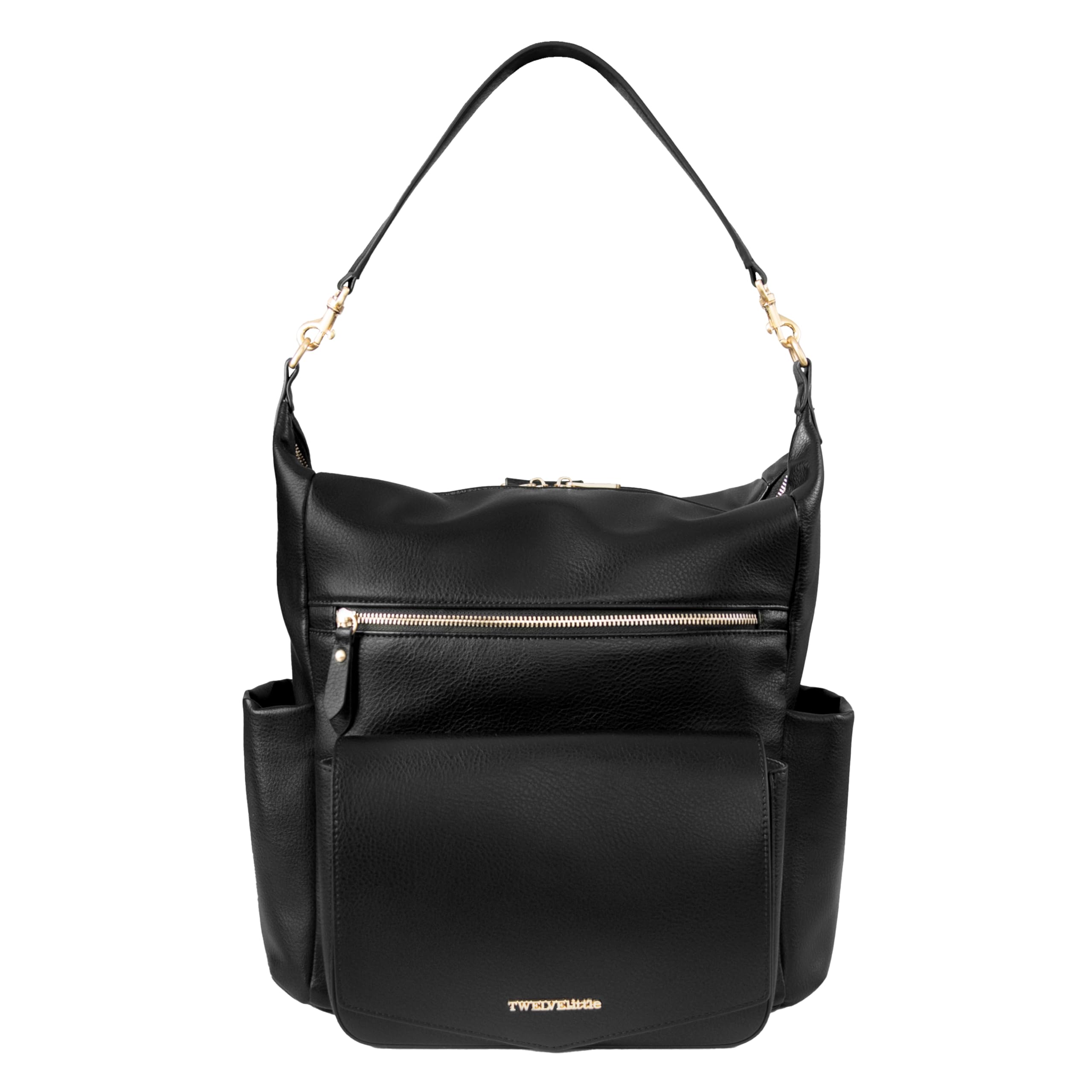 TWELVElittle Peek A Boo Convertible Hobo Diaperbag Backpack with Changing Pad Wipes Case and Stroller Clips Vegan Leather- Black